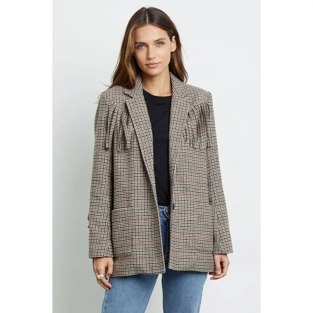 RAILS Jagger Fringe Blazer In Mustard‎ Mini Houndstooth Size XS